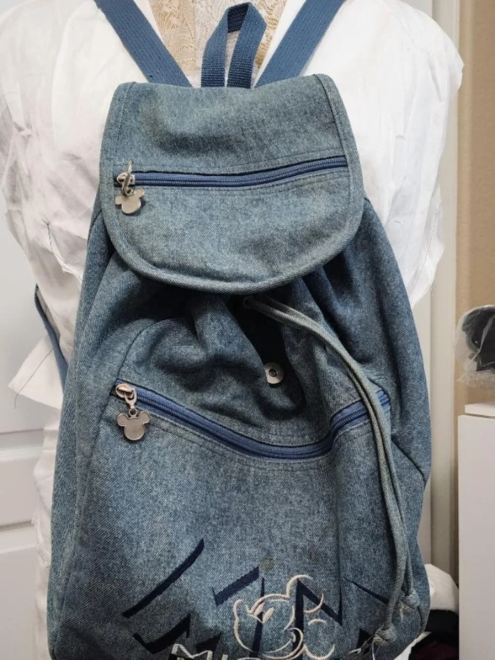 Vintage DISNEY Mickey Mouse Embroidered Blue Denim Backpack